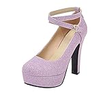  Damen Glitzer High Heels Plateau Pumps mit Blockabsatz und Riemchen 12cm Absatz Abend Schuhe(Lila,40)