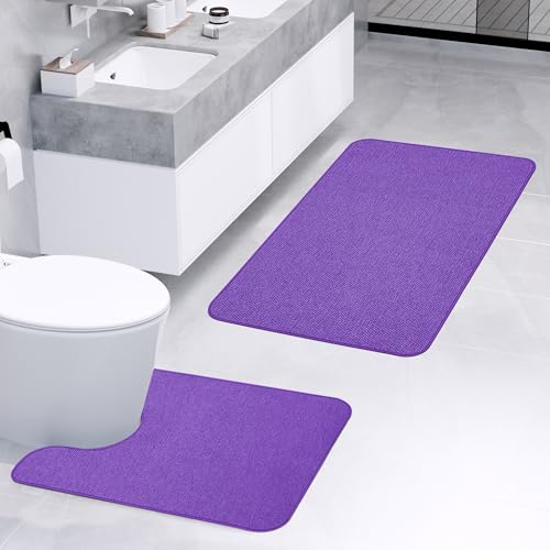 Bathroom Rugs Set 2 Pieces,Thin Bathroom Mats,Toilet Rugs,Quick Dry,Non-Slip,Machine Washable,Low Pile,Absorbent Bath Mats,Shower,Sink,Home Decor Accessories.Purple,1'5"x2'3"+1'8"x2" U Shape