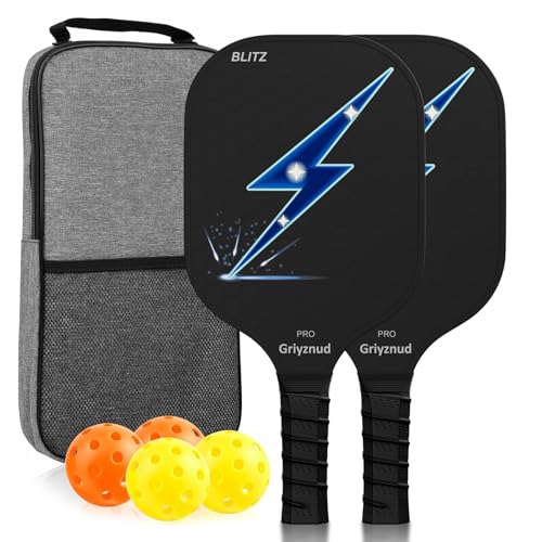 Griyznud Pickleball Paddles Set of 1 or 2, Fiberglass Rackets, Lightweight Pickle Ball Rackets, with Outdoor Bag, Indoor Balls, for Beginners, Family, Professional Equipment