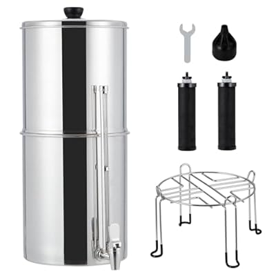 Gravity-fed Water Filter System, 2.25 Gallon Stainless Steel Countertop Filter System with 2 Filters and Stand, Reduce 99% Chlorine, for Home, Camping, RV, Fishing