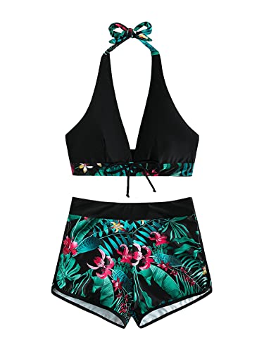 GORGLITTER Damen Bikini Bauchweg Set mit Short Tropisch Badeanzug Boho...