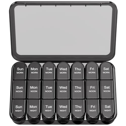 Daviky Pill Organizer 3X a Day Weekly Pill Box 7 Day Travel Pill Case with Large Containers Light-Proof Pill Case for Vitamins Medication Supplements and Fish Oils (Black)