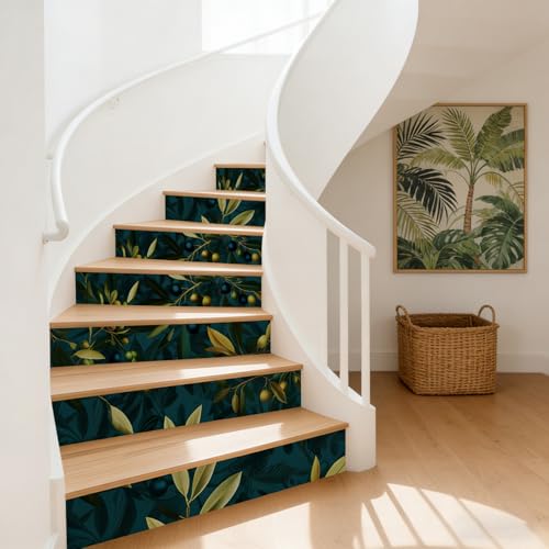 Hojas de vinilo autoadhesivas PLIGREAT para renovar escalones viejos con diseño de ramas de olivo 2