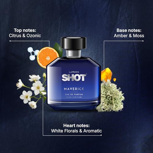 Image of Layer'r SHOT Maverick Eau De Parfum for Men, 100ml | Long-lasting fresh fragrance with citrus, ozonic, white floral, aromatic, amber & moss notes for everyday wear.