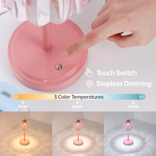 Image of Shenmoyl Rechargeable Table Lamp with 5200mAh Battery & Touch Control - 3 Adjustable Color Temperatures, Cordless Dimmable Table Light for Bedroom, Office Desk, Nightstand (Clear Pink,Pink Base)