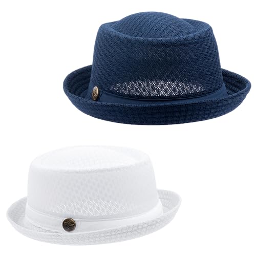 Image of Straw Mesh Pork Pie Hat,Men Summer Fedora,Lightweight Bowler Flat Top | Brim Adjustable Sweat Band,2 /6 Pc Breathable Foldable,Cotton Soft Packable,Party Costume Classic,Sun Beach Travel Outdoor
