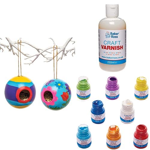 Baker Ross Ceramic Bird House (AW304) and Multi-Purpose Acrylic Varnish (FE585) and Rainbow Colours Porcelain Paint Pots (FC744)