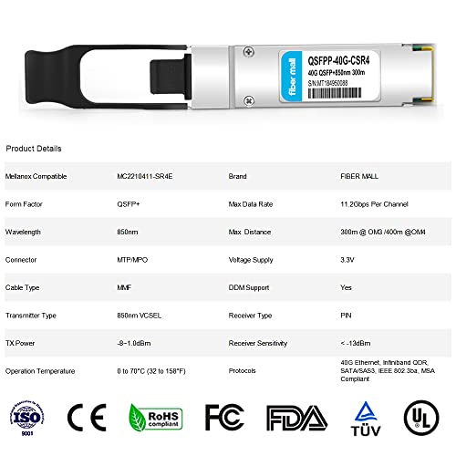 Image of 40G QSFP+ CSR4 Compatible with Mellanox MC2210411-SR4E, 40GBASE-SR4E QSFP+ 850nm 400m MTP /MPO MMF DOM Optical Transceiver Module