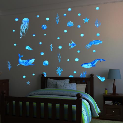 Autocollants Lumineuses Vie Marine Stickers Muraux sous la Mer Baleine Poissons Fluorescent Autocollant, Phosphorescentes Plafond Stickers pour Chambres...