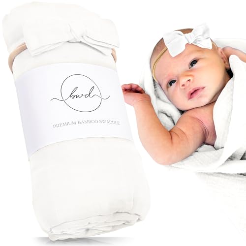 Image of BWD Baby Swaddle Blanket - Ultra-Soft 70% Bamboo Viscose & 30% Organic Cotton Muslin - Lightweight, Breathable, Stretchy - Newborn Essential 47 inch (White)