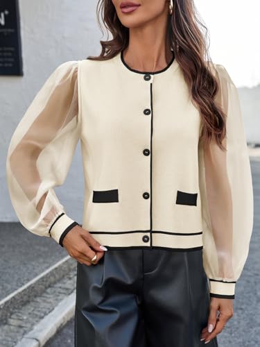 Saodimallsu Womens Dressy Sheer Mesh Puff Sleeve Cardigan Sweaters Color Block Button Shirts Crewneck Knit Blouse Tops2