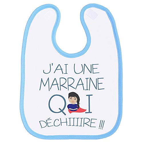Bavoir enfant marraine qui déchire, liseré coton, confort et douceur, très large et couvrant, attache au cou avec velcros - Bleu Cover