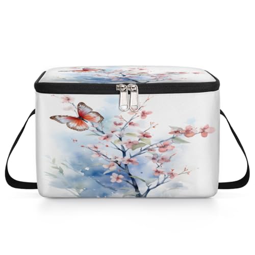 GzLeyigou Japanese Cherry Tree Lunch Bags for Women Men 9 Cans, Hot & Cold Food Delivery Bag Insulated Grocery Bag Insulated Lunch Box Butterfly Cooler Bag for Office Work Picnic Beach