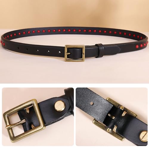 Leather Studded Belt with Brass Buckle for Women, 1" Fashion Ladies Skinny Belt for Dresses, Jeans and Coats3