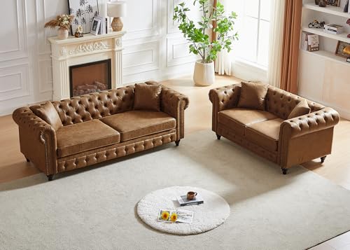 Image of 2 Piece Living Room Sofa Set,Faux Leather Button Tufted Couch and Loveseat Set with Nailhead Trim&Roll Armrests,Mid Century Modern Chesterfield Sofa for Living Room,Office(Loveseat+3 Seater,Brown)