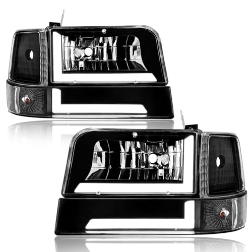 Image of LED DRL Headlights Compatible with 1992-1996 Ford F150 F250 F350 & Bronco Replacements Headlamp Clear Reflector Black Housing