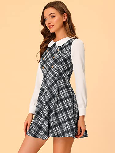 Image of Allegra K Women's Peter Pan Collar Contrast Color Button Decor A-Line Preppy Plaid Mini Dress Small Black