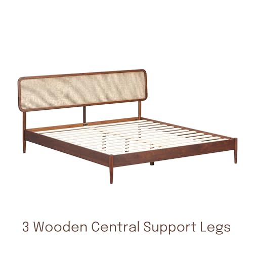 Image of NTC Lupin Wooden Bed Frame with Headboard and Natural Rattan, Solid Oak /Rubber Wood Foundation with Silent Slats, 1000 Lb Capacity, Effortless Assembly (Natural Cane - Dark Walnut, Queen)