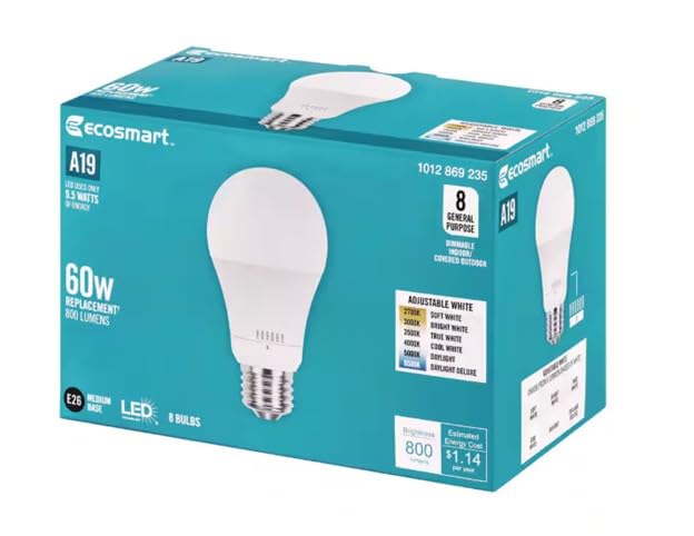 EcoSmart A19 60 Watt Equivalent with Selectable Color Temperature Dimmable LED Light Bulb (8-Pack)