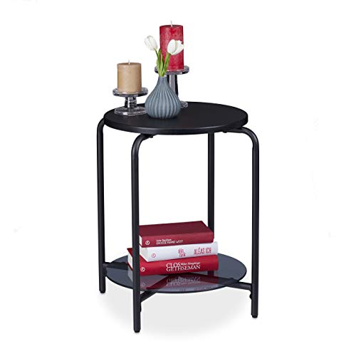 Relaxdays Mesa Auxiliar Redonda con Balda de Cristal, Mesita de Noche Decorativa, Metal-DM-Vidrio, 55 x 50 cm, Negro