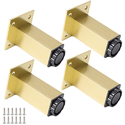 4 Pack Adjustable Furniture Legs Aluminum Alloy Cabinet Leg,Square Adjustable Legs Table Support Legs Replacement Furniture Feet For Sofa Couch Cupboard Tv Stand,With Screws.Gold-6cm/2.4in