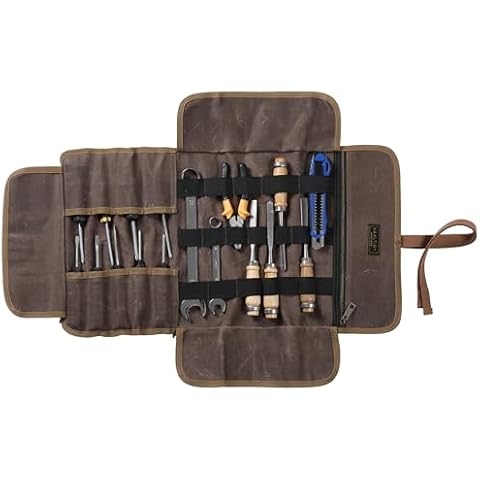 Tool Roll Pouch, Heavy Duty 16OZ Waxed Canvas Tool Bag Roll, Hand Tools Pouch with 1 Zipper Pocket + Elastic Band, Sturdy Tool Storage Roll Bag for Horticulturist Mechanic Handyman - Grey - 24" x 12" Cover