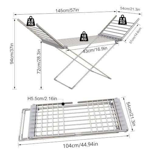 Innotic Elektryczna suszarka na pranie 230 W, 20 barów grzewczych składana podgrzewana suszarka na pranie, pionowa składana suszarka na pranie, aluminiowa elektryczna, 145 x 52 x 93 cm