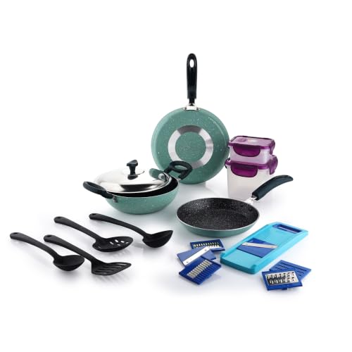 Image of Crystal 11 Pcs Non Stick Cookware Set with Storage Containers | Gas Stove Friendly | Tawa, Fry Pan, Kadhai with Lid, 4 Serving Spoons, 2 Containers & Grater Set | PFOA Free Coating