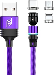 JJA Magnetic Charging Cable 3 in 1, 360°&180° Rotation Magnetic Phone Charger, 3A Nylon Braided Detachable Fast Charger, Data Transfer Cable for Micro USB, Type C, I-Connector (Purple, Single Pack)