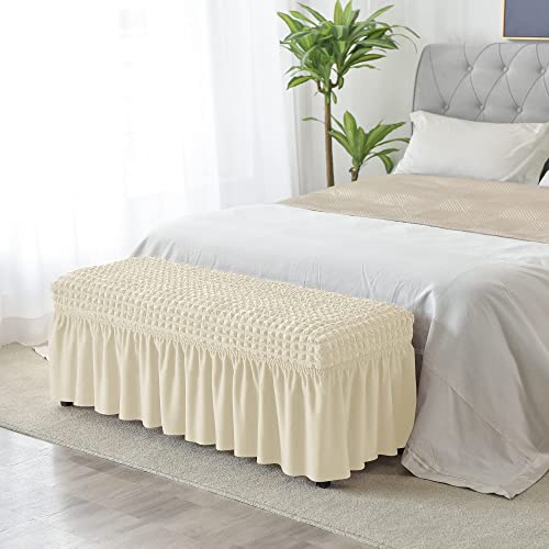 Imonofit 3D Spandex Seersucker Bench Cover For Dining Room, Soft Stretch Upholstered Bench Seat Slipcover For Living Room, Kitchen And Bedroom, Washable Removable Dining Bench Protector，Cream #TOP2