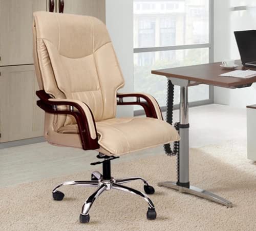 Image of High Back Executive Office Chair with Wooden Armrest | Leatherette Upholstery | Adjustable Height & Revolving Chair | Chrome Base Chair for Office & Home (Cream)- 111012117