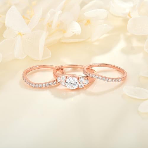 925 Sterling Silver Wedding Rings for Women Cubic Zirconia White/Rose Gold Plated Rings Three-in-One Engagement Promise Eternity Bands for Bridal Stackable Ring Size 5-103