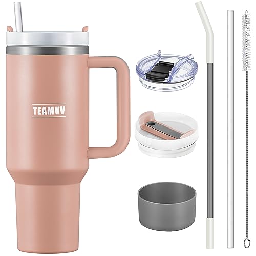TEAMVV 40 oz Tumbler with Handle and Straw Stainless Steel Vacuum Insulated Tumbler Tea or Iced Coffee Mug for Hot or Cold Beverages 40 oz Tumbler with Handle(Light Pink)