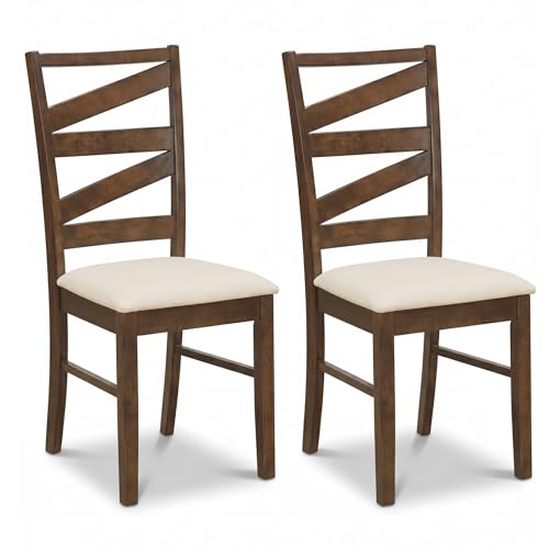 Image of COSTWAY Wooden Dining Chairs Set of 2, Farmhouse Kitchen Side Chair with High Back, Fabric Padded Seat, Armless Chairs for Dining Room, Living Room, Home Kitchen, Restaurant (Brown & Beige)