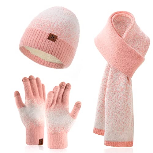 Maylisacc Bonnet Gants Echarpe Femme Extensible, Bonnet Rose avec Doublure Molleton Polaire, Grande Echarpe Élégant pour Vêtements Quotidiens Cover