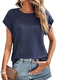 Dokotoo Womens Blouses Short Sleeve T Shirts 2025 Fashion Summer Solid Color Batwing Tops for Women Loose Fit Basic Round Neck Spring Cute T-Shirts Cap Sleeve Textured Blouse Blue Medium