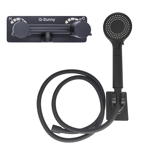 All Metal RV Shower Faucet with Hose and shower Head,camper shower faucet Replacements,On-Off Shower Head with Hose Guide Ring and Shower Holder for RV, Camper, Motorhome (on/off switch, Matte Black)