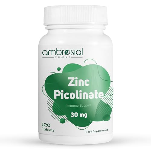 Image of Ambrosial Zinc Picolinate 30mg, High Strength Zinc Supplements, Best Tablet for Immune Support, Bones, Hair, Skin, Nails, Supplement for Men & Women, Pack of 1-120 Tablets.