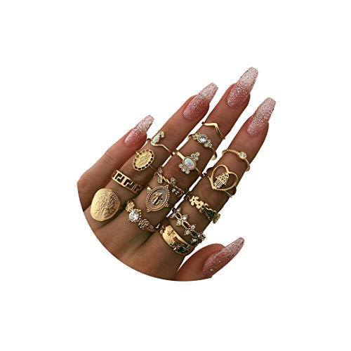 YOOESTORES82 15-19 Pieces Stackable Knuckle Ring Set.Vintage Gold Rhinestone Stacking Joint Ring Midi Finger Rings for Women Teen Girls (A)