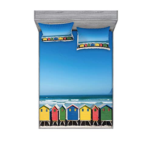 Ambesonne Travel Fitted Sheet & Pillow Sham Set, Colorful Bathhouses at Muizenberg Cape Town South Africa Standing in a Row Touristic, Decorative Printed 3 Piece Bedding Decor Set, Queen, Multicolor