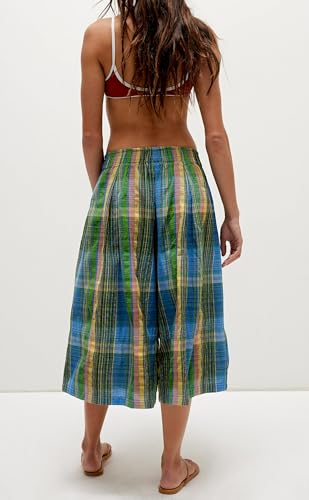 Womens Summer Boho Wide Leg Culotte Pants Casual Elastic Waisted Palazzo Trousers Colorful Plaid Capris with Pockets3