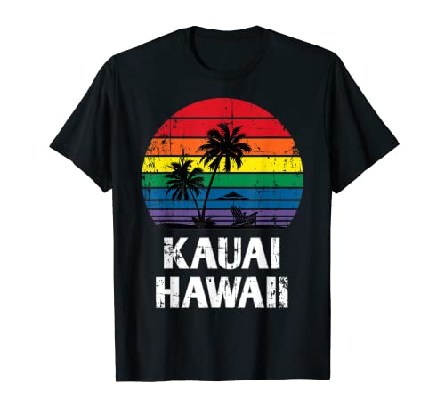 Kauai Hawaii Retro LGBT Orgullo Arco Iris Palmera Camiseta