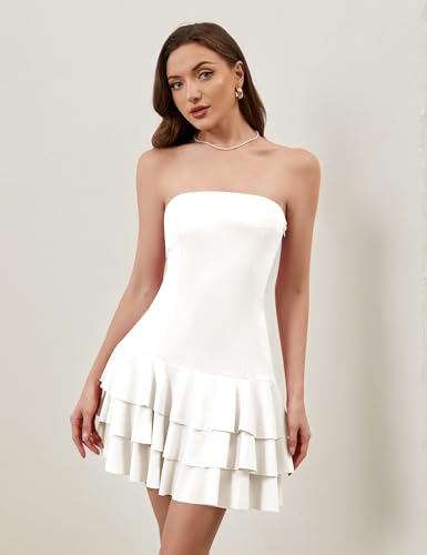Image of Meladyan Women's 2025 Summer Strapless Tube Dress Sexy Off Shoulder Ruffle Tiered Flowy Mini Dresses White