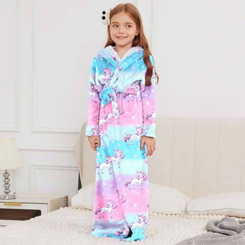 Image of Jxstar Girls Bathrobes Kids Long Hooded Robes Plush Full Length Coral Fleece Pajamas Sleepwear