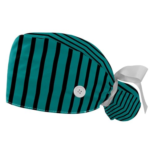 Vcedizo 2 Pack Working Cap with Button Sweatband, Stripe Black Green Adjustable Tie Back Nurse Hats Long Hair
