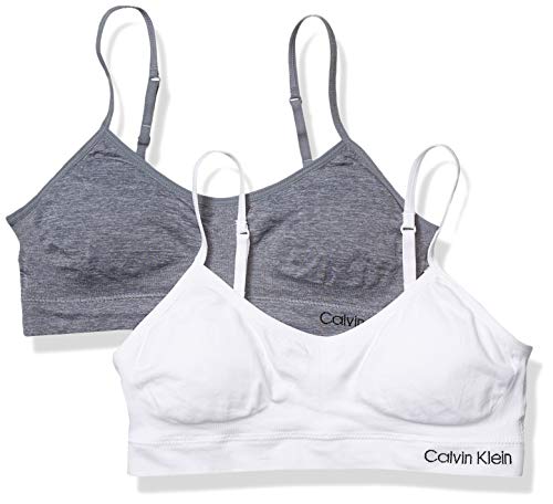 Calvin Klein Kids Girls' Seamless Wirefree Comfort Bralette Bra 2-Pack, White/Heather Grey, X-Large