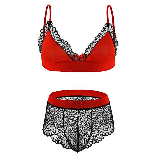 Men's Sissy Lingerie Set - Sexy Floral Lace Crossdresser Underwear Bra with Bowknots for Nightwear, Crossdressing, Roleplay