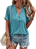 Halife Women's Tshirts V Neck Short Sleeve Button Henley Shirt Loose Fit Cotton T-Shirts Summer Tops Blue Green L