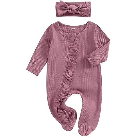 Ayalinggo Newborn Baby Girl Fall Winter Outfits Clothes Knit Jumpsuit Ruffle Romper Newborn Coming Home Outfit for Baby Girl (mitten cuff Jumpsuit Purple, Newborn) Cover