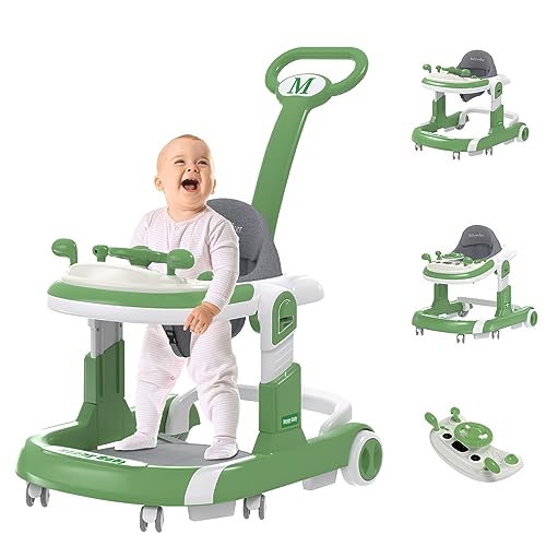 Image of Baby Walker, 4-in-1 Foldable Baby Walker with Wheels, Music, 4-Height Baby Push Walker with Push Handle, Baby Bouncer, Food Tray, 2 Foot Pads, Cushion, Baby Walkers for Babies 6-12 Months Boys Girls